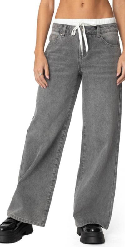 EDIKTED EDIKTED Drawstring Boxer Detail Wide Leg Jeans in Gray-Washed at Nordstrom, Size X-Small