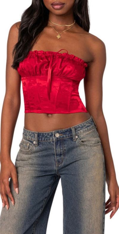 EDIKTED Elaine Strapless Jacquard Satin Corset Top in Red at