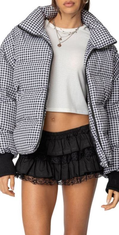 EDIKTED EDIKTED Gingham Oversize Quilted Puffer Jacket in Black-And-White at Nordstrom, Size X-Small