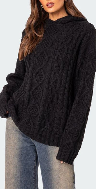 EDIKTED EDIKTED Oversize Cable Knit Hoodie in Black at Nordstrom, Size X-Small
