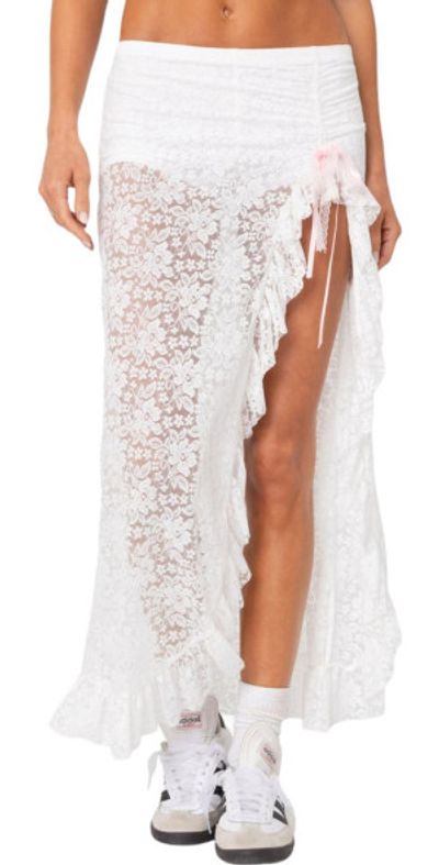 EDIKTED EDIKTED Ruffle Sheer Lace Maxi Skort in White at Nordstrom, Size X-Small