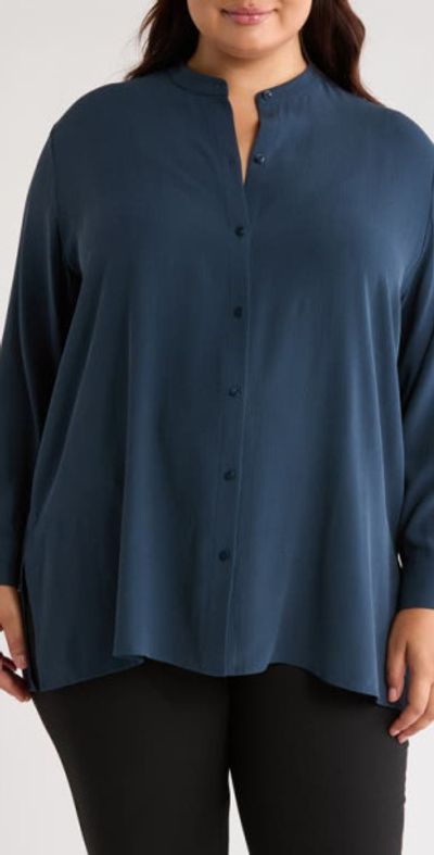 Eileen Fisher Long Sleeve Silk Button-Up Shirt in Deep Adriatic