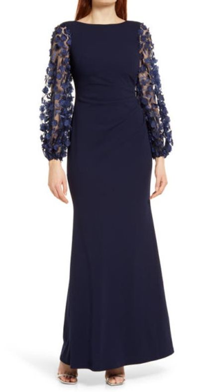 Eliza J - Floral Appliqu Long Sleeve Trumpet Gown in Navy at Nordstrom,  Size 2