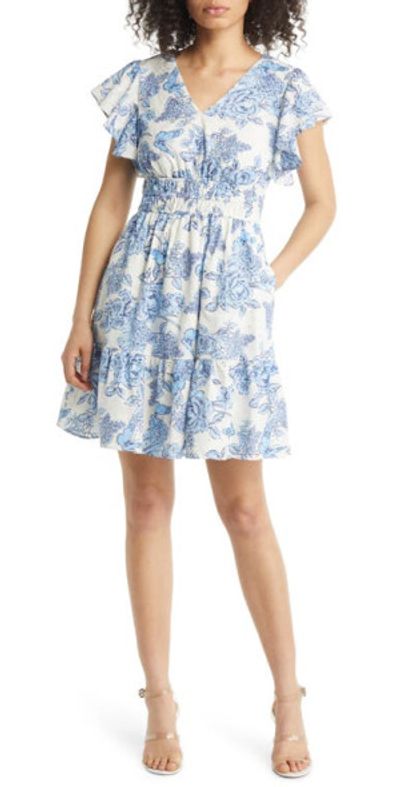 Eliza J - Floral Flutter Sleeve Dress in Blue at Nordstrom