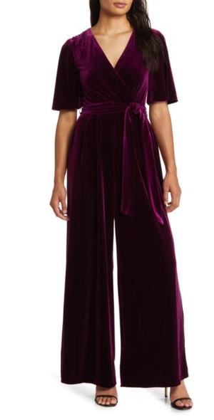 Eliza J Wide Leg Faux Wrap Velvet Jumpsuit in Plum at Nordstrom