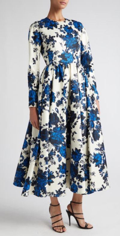 Emilia Wickstead - Annie Floral Long Sleeve Taffeta Faille A-Line Dress in  Blue Festive Bouquet