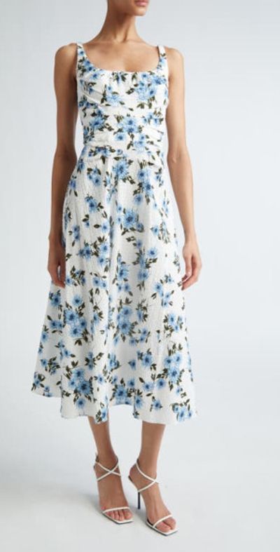 Emilia Wickstead - Verena Dahlia Print Clip Dot Seersucker Midi Dress in  Small Dahlia Baby Blue