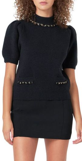 Endless Rose Endless Rose Chain Detail Puff Sleeve Sweater in Black at Nordstrom, Size X-Small