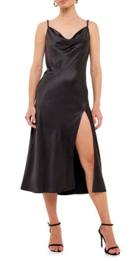 Endless Rose Endless Rose Chain Strap Satin Midi Slipdress in Black at Nordstrom, Size X-Small