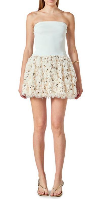 Endless Rose Endless Rose Feather & Sequin Strapless Minidress in Beige/gold at Nordstrom, Size X-Small