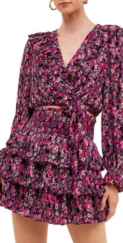 Endless Rose Endless Rose Floral Ruffle Wrap Crop Top in Black/Fuchsia at Nordstrom, Size X-Small