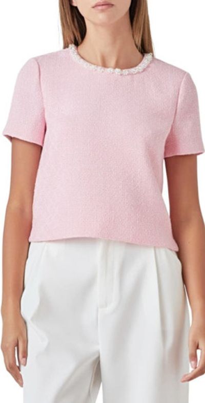 Endless Rose Endless Rose Imitation Pearl Trim Short Sleeve Tweed Top in Pink