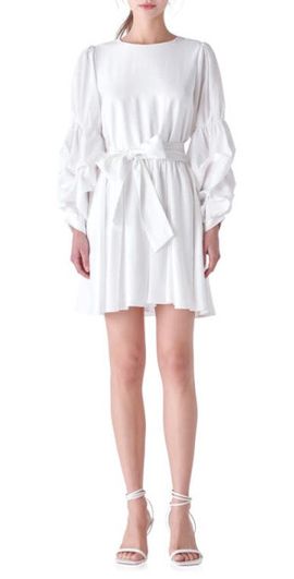 English Factory English Factory Cinched Puff Shoulder Long Sleeve Tie Belt Dress in White at Nordstrom, Size X-Small
