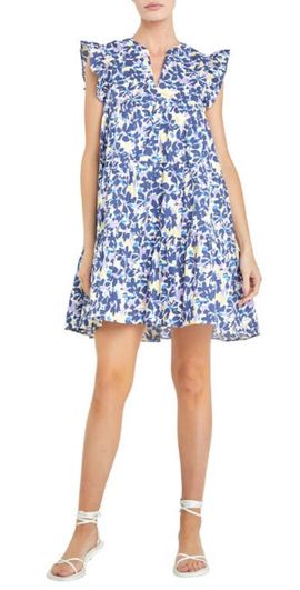 English Factory English Factory Floral Ruffle Cap Sleeve Babydoll Minidress in Blue Multi at Nordstrom, Size Large