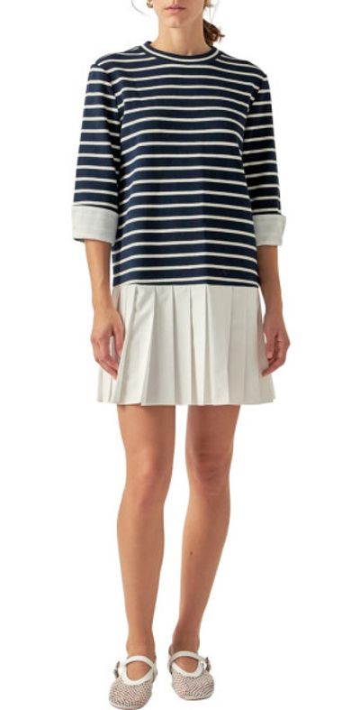 English Factory English Factory Mix Media Stripe Pleated Minidress in Navy/White at Nordstrom, Size X-Small