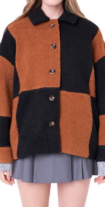 English Factory English Factory Oversize Check Teddy Jacket in Black/Camel at Nordstrom, Size X-Small