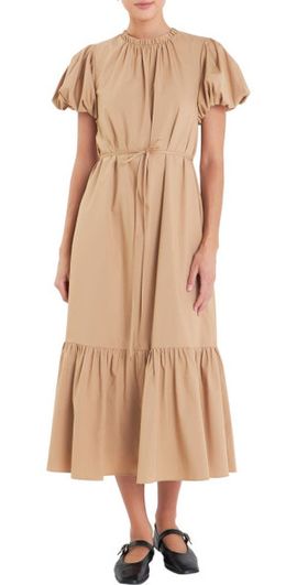 English Factory English Factory Puff Sleeve Tie Belt Midi Dress in Camel at Nordstrom, Size X-Small