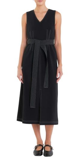 English Factory English Factory Stitch Detail Tie Belt Dress in Black at Nordstrom, Size X-Small