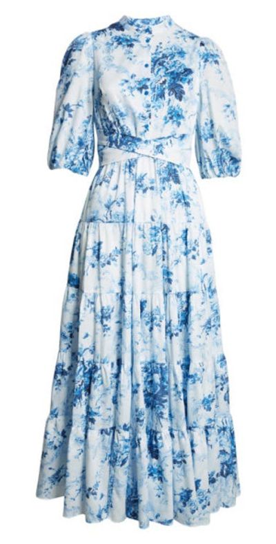 erdem dress blue Wedtrend Women Blue Prom Dress A Line Strapless Pleated Floral Print Long  Tiered Party Dress – WEDTREND main image 0