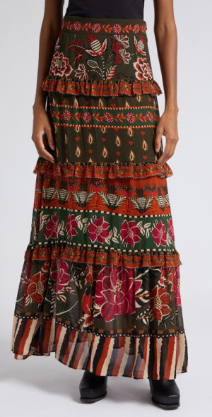 FARM Rio - Anika Floral Garden Mixed Print Maxi Skirt in Green Multi at ...