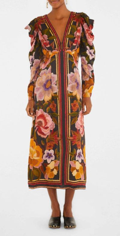 FARM Rio - Floral Border Print Long Sleeve Dress