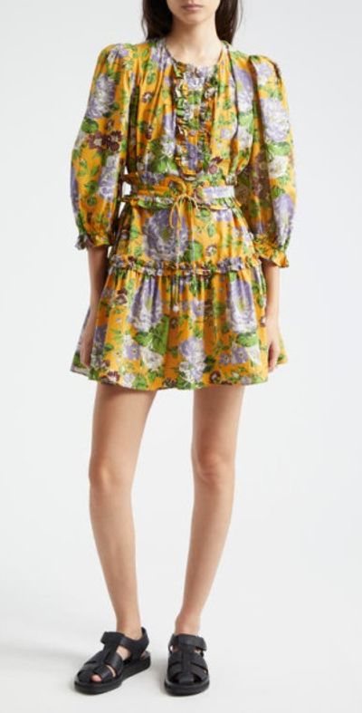 FARM Rio Floral Button Front Fit Flare Minidress in Capri