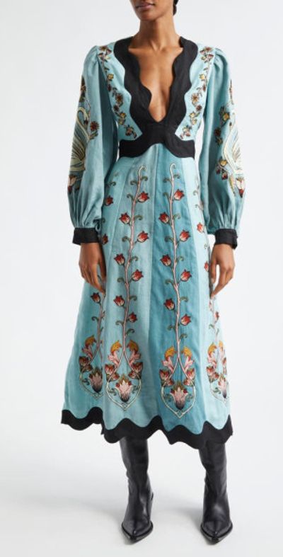 FARM Rio Floral Embroidered Long Sleeve Cutout Linen Midi Dress