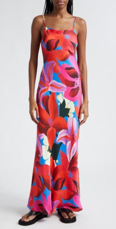 FARM Rio Floral Satin Maxi Dress in Watercolor Floral Blue at