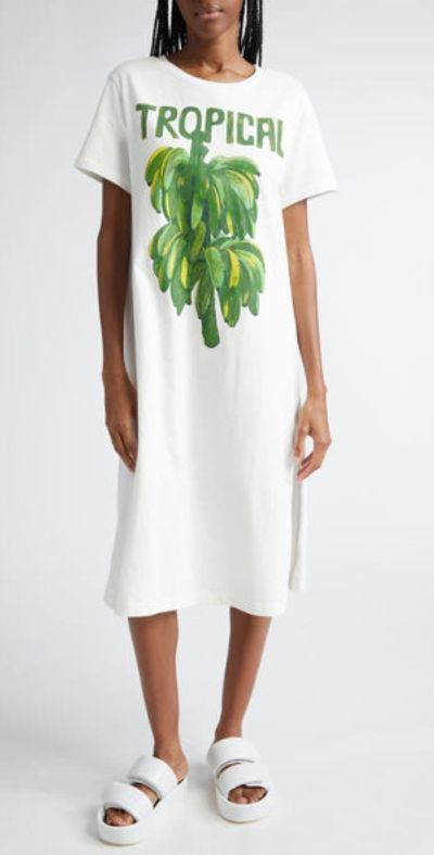 FARM Rio - Tropical Cotton Graphic Print T-Shirt Dress in Off-White