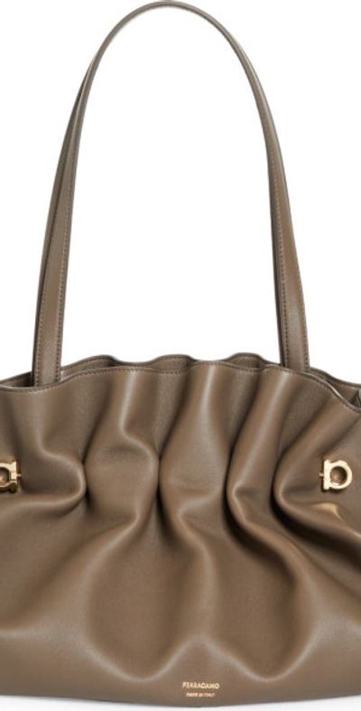 FERRAGAMO FERRAGAMO Large Gancio Piercing Soft Leather Shoulder Bag in Concrete at Nordstrom