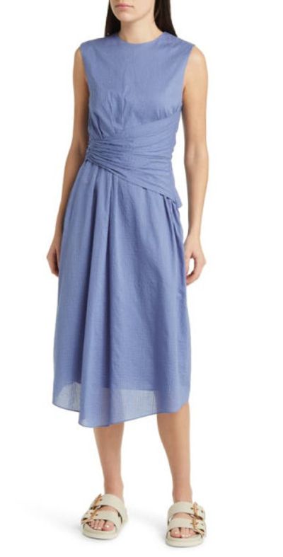 FRAME - Ruched Sleeveless Cotton Midi Dress in Coastal Blue at Nordstrom,  Size X-Small