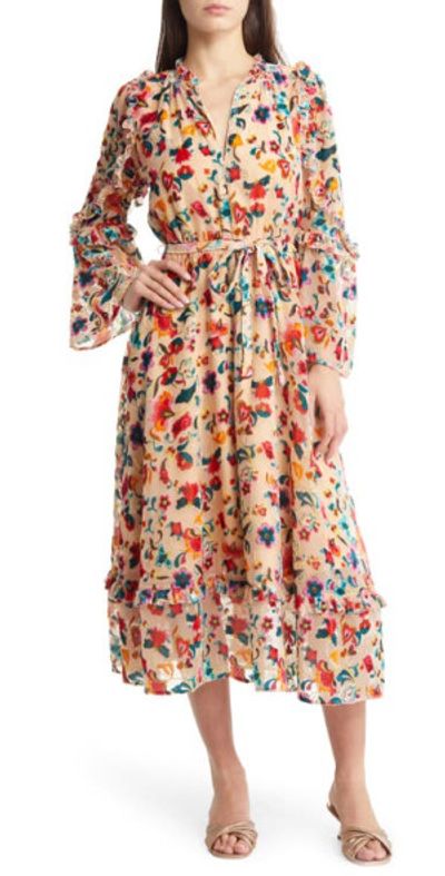 French Connection Avery Burnout Tie Waist Long Sleeve Maxi Dress