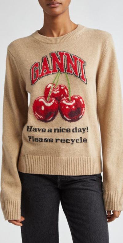 Ganni Ganni Intarsia Knit Wool Blend Sweater in Safari at Nordstrom, Size Xx-Small