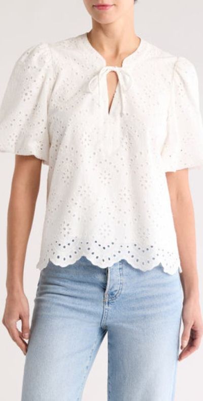 GIBSONLOOK GIBSONLOOK Eyelet Bubble Sleeve Top in White at Nordstrom, Size Xx-Small