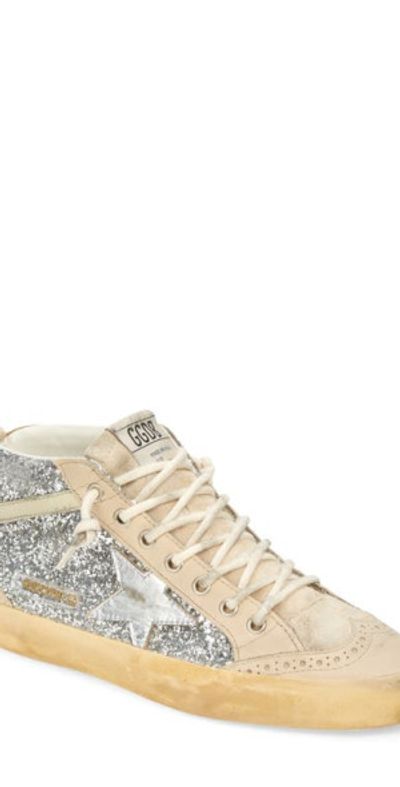 Golden Goose Mid Star Glitter Sneaker in Silver Glitter/Cream
