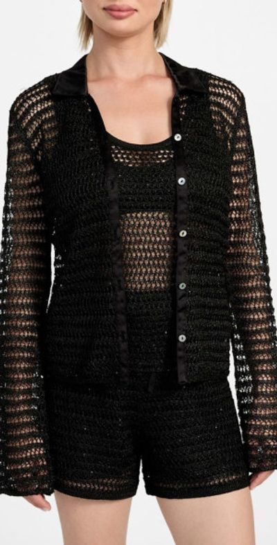 GUESS GUESS Bella Sequin Open Stitch Shirt in Jet Black Multi at Nordstrom, Size X-Small