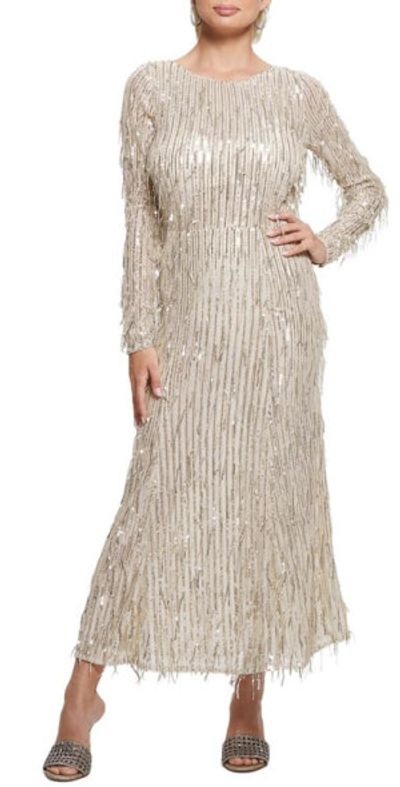 GUESS - Elodie Sequin Fringe Long Sleeve Mesh Maxi Dress in Pearl Oyster Multi at Nordstrom, Size X-Small GUESS - Elodie Sequin Fringe Long Sleeve Mesh Maxi Dress in Pearl Oyster Multi at Nordstrom, Size X-Small