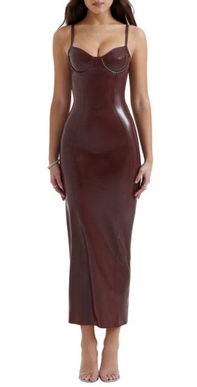 HOUSE OF CB Maura Latex Body-Con Midi Dress in Chocolate Brown