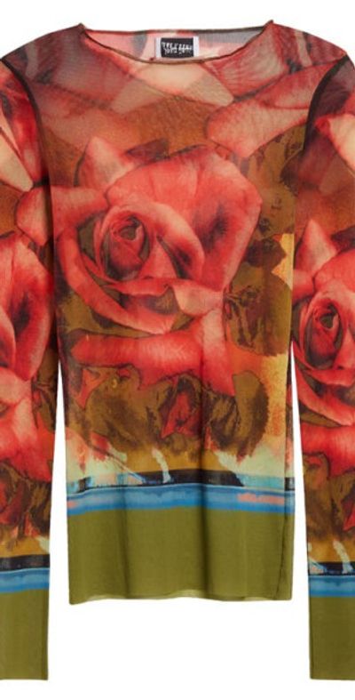 Jean Paul Gaultier Rose Print Long Sleeve Mesh Top in Green/Red - Main Image