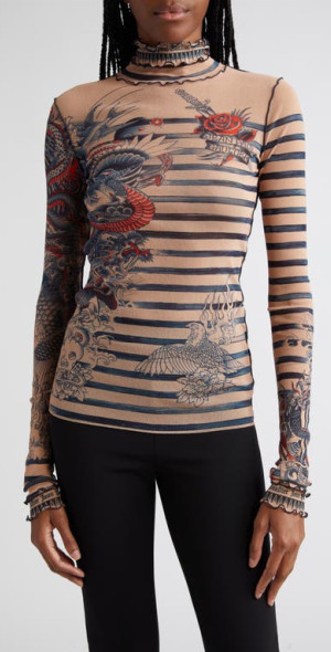 Jean Paul Gaultier - Tattoo Stripe Lettuce Edge Semisheer Tulle