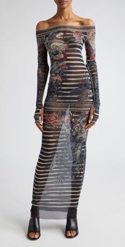 knee length dresses for ladies Jean Paul Gaultier Maille Femme Cowl neck striped mesh dress Bizarre Bazaar