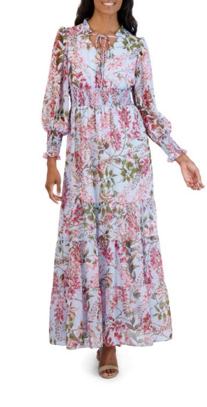 Julia Jordan Floral Long Sleeve Tiered Dress in Blue Multi at