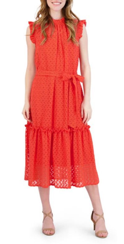 Julia Jordan Ruffle Waist Tie Eyelet Midi Dress in Coral at