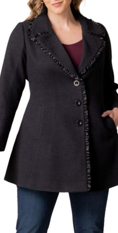 Kiyonna Kiyonna Juliette Satin Trim Princess Seam Coat in Black Noir at Nordstrom, Size 0X