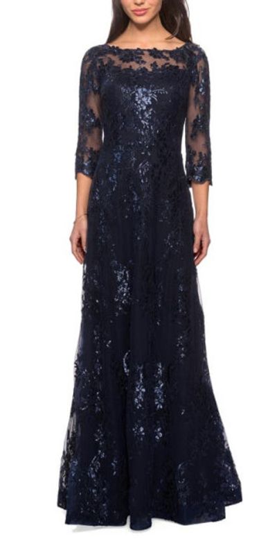 La Femme La Femme Long Lace Dress with Sequins and Sheer 3/4 Sleeves in Navy at Nordstrom, Size 0