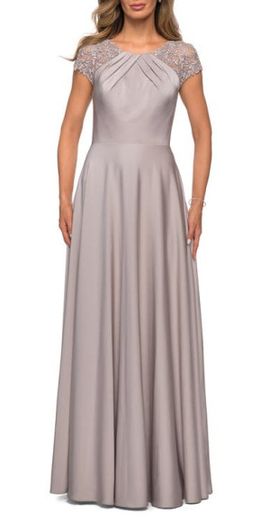 La Femme La Femme Long Satin Dress with Sheer Floral Lace Cap Sleeves in Silver at Nordstrom, Size 4