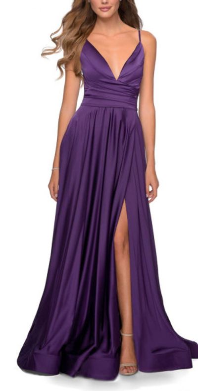 La Femme La Femme Long Satin Dress with Side Slit and V Shaped Back in Royal Purple at Nordstrom, Size 00
