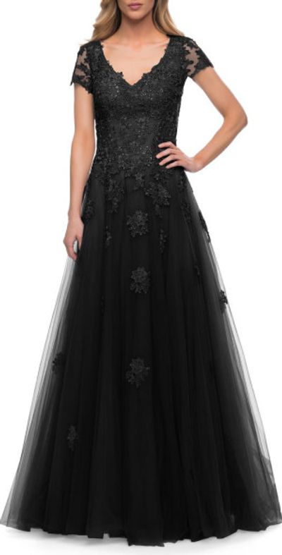 La Femme La Femme Tulle A Line Gown with Lace Applique and V Neck in Black at Nordstrom, Size 2