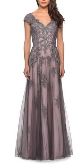 La Femme La Femme Tulle Evening Gown with Embroidery and Cap Sleeves in Pink/gray at Nordstrom, Size 4