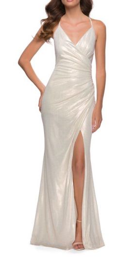 La Femme La Femme Wrap Style Metallic Jersey Gown with Ruching in White/gold at Nordstrom, Size 00